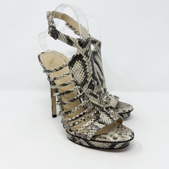Brian Atwood Tan/Brown Snake Print Leather Strappy Stilettos Women's Sz 8.5 EUC - Picture 1 of 9